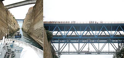 A
 barge pulls the SeaDream through the narrow canal while a crowd gathers
 on the bridge to watch